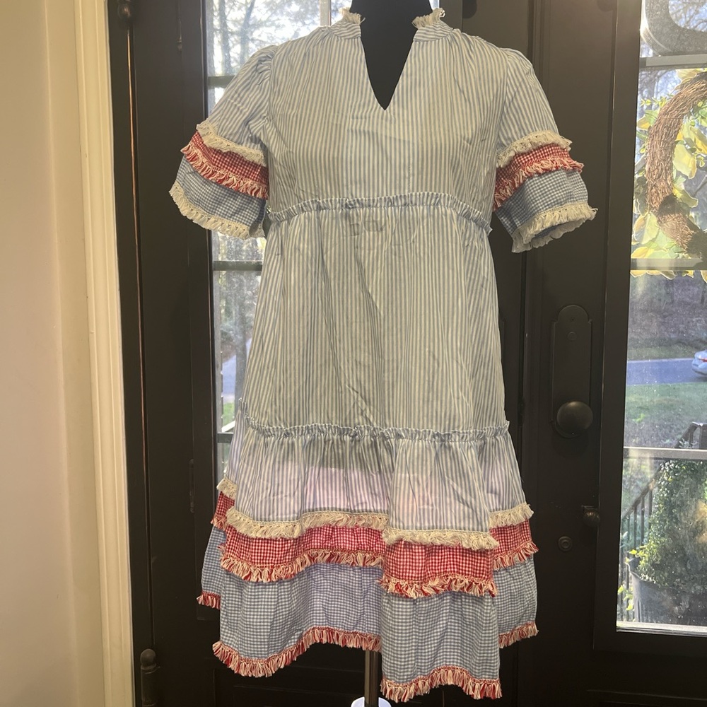Striped Blue Midi Dress with Red Gingham Ruffle Trim